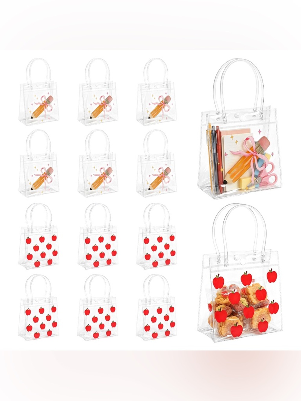 Clear Gift Tote Bags with Apple & Pencil Designs